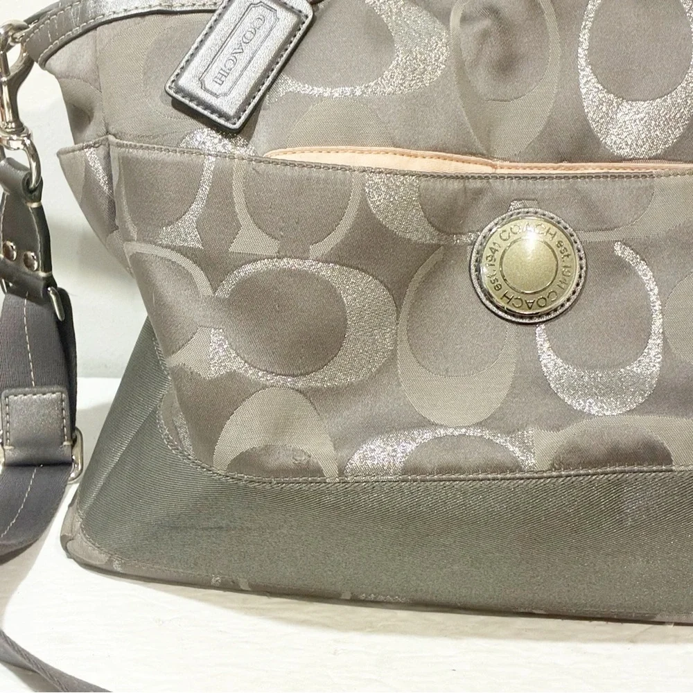 COACH GRAY Signature Stripe Carryall Diaper‎ Bag Canvas Large Tote